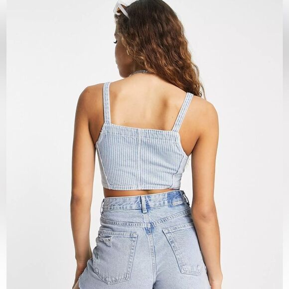 Bershka Strap Detail PinstripesBlue Denim  Zip Up Crop Top In Size Large - Picture 4 of 17